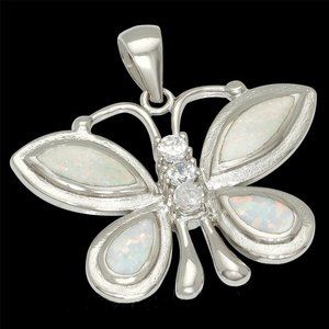 New - Butterfly White Fire Opal With White Topaz Silver Pendant - Chain Included